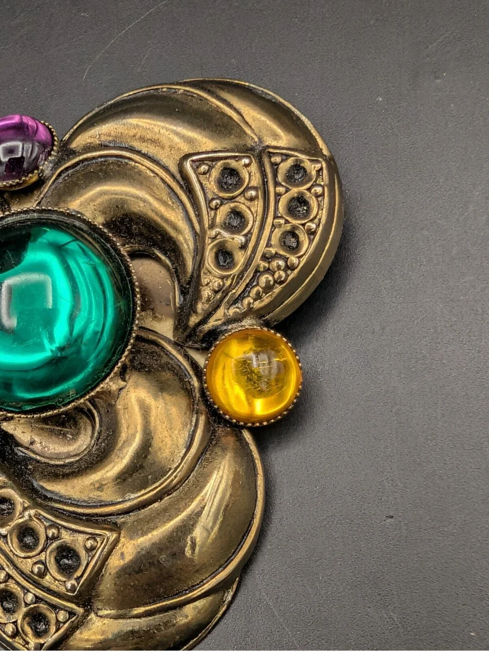 Vintage Art Deco Revival Brass Trefoil Brooch Emerald Red Yellow Glass Cabochon